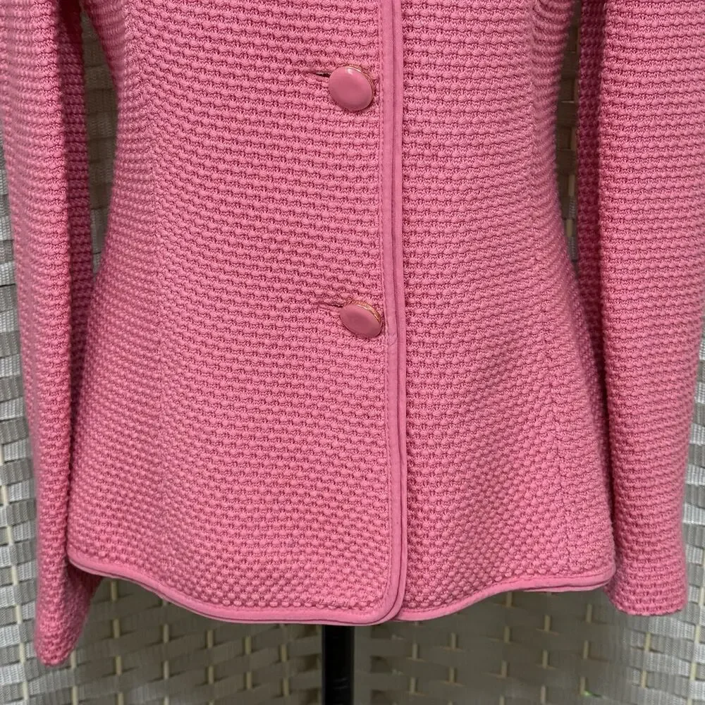 St John TEXTURED KNIT Blazer Size 6 BUBBLE GUM PINK Wool Silk Blend Round Collar